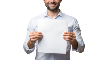 Smiling man holding a blank sheet of paper, isolated, transparent file png