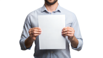 Man holding a blank white paper, mockup for design, isolated, transparent file png
