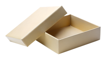 Open beige cardboard box with lid, transparent file png