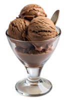 Three scoops of chocolate ice cream in a glass dessert cup, transparent file png