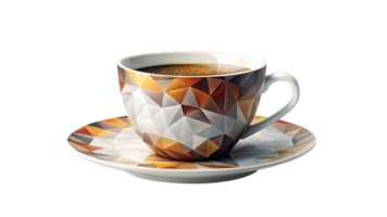 Geometric patterned coffee cup with saucer, colorful polygonal design, modern style tableware, isolated, transparent file png