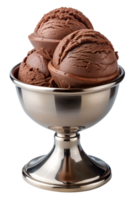 Triple scoop of chocolate ice cream in a metallic dessert bowl, transparent file png