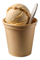 Single scoop of vanilla ice cream in a beige paper cup with a spoon, transparent file png
