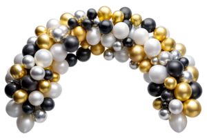 Black, gold, and silver balloon arch for party decor, isolated on transparent file png