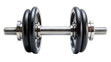 Adjustable dumbbell with metal and rubber components, isolated, transparent file png
