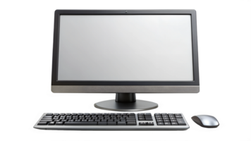 Front view of desktop computer with keyboard and mouse, transparent file png