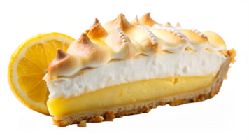 Slice of lemon meringue pie with a lemon garnish, isolated, transparent file png