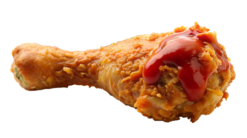 Chicken drumstick with crispy coating and ketchup, isolated, transparent file png