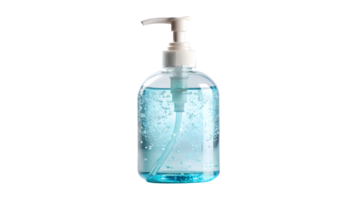 Blue-tinted hand sanitizer pump bottle, bubbles visible inside, isolated, health and safety, transparent file png
