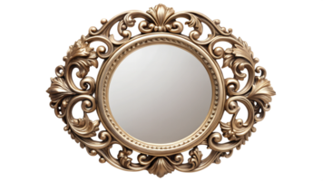 Ornate round mirror with intricate gold frame, vintage home decor isolated, transparent file png