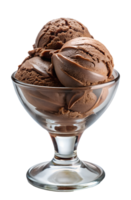 Double scoop of chocolate ice cream in a glass dessert cup, transparent file png