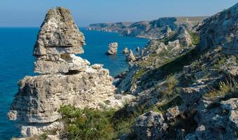 View of the steep banks and rocks in the water in the Dzhangul tract, western Crimea photo