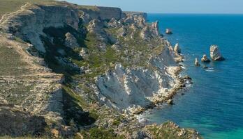 View of the steep banks and rocks in the water in the Dzhangul tract, western Crimea photo