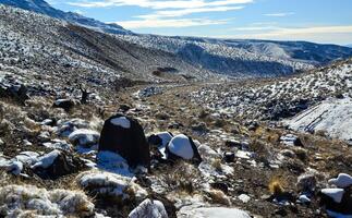Snow in the mountains, Snow-covered mountain pass, desert plants under the snow in summer photo