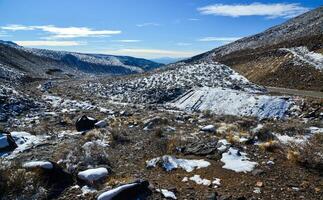 Snow in the mountains, Snow-covered mountain pass, desert plants under the snow in summer photo