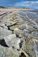 The shore of a hyperhaline lake covered with self-precipitating salt Sodium chloride, California photo
