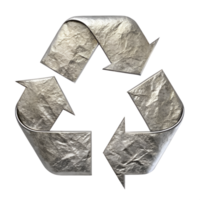Crumpled silver recycling symbol with weathered texture, rugged environmental icon, transparent file png