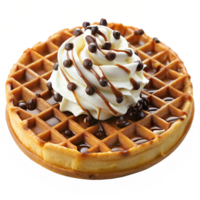 Waffle with whipped cream, chocolate chips, and caramel drizzle, transparent file png