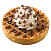 Waffle topped with whipped cream, caramel, and chocolate chips, transparent file png