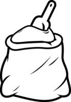 Bakery wheat and flour. Sack of flour and scoop. Large bag of wheat and flour for baking. Black and white outline image. vector