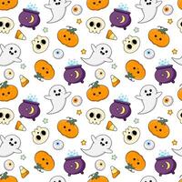Halloween pattern. Seamless pattern with kawaii pumpkin, skull, boiling potion pot and ghost vector