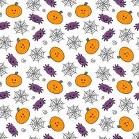 Halloween pattern. Seamless pattern with kawaii pumpkin, cute spider and spider web vector