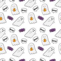 Halloween pattern. Seamless background with kawaii ghosts, spiders, Boo inscription. Infinite texture vector
