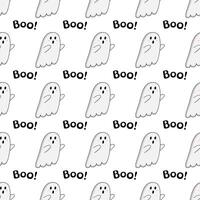 Halloween pattern. Seamless background with kawaii ghosts, Boo inscription. Infinite texture for the Halloween holiday vector