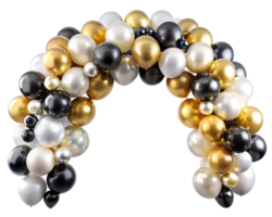 Elegant black and gold balloon arch for party decoration, isolated on transparent file png