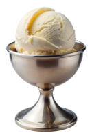 Single scoop of vanilla ice cream in metal dessert cup, transparent file png