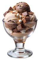 Delicious chocolate and vanilla ice cream sundae with chocolate chunks and caramel toppings, in glass cup, transparent file png