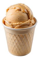 Smooth caramel ice cream in waffle-textured cup, topped with caramel drizzle, transparent file png