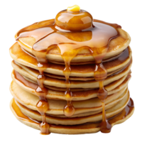 Stack of golden pancakes with butter and maple syrup drizzle transparent file png