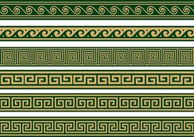 Set of seamless greek classic ornament. Pattern for a border and a frame. Ancient Greece and the Roman Empire. Endless gold with green meander. vector
