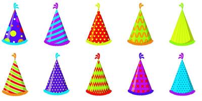 Birthday party hats set in different colors and shapes. vector