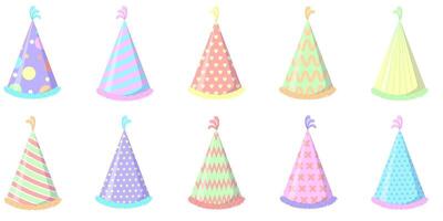 A set of birthday hats in different pastel colors and shapes. vector