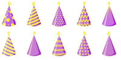 Set of holiday hats in yellow and purple colors. vector