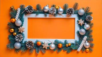 Christmas and New Year frame with fir branches on orange background. Flat lay, top view. photo