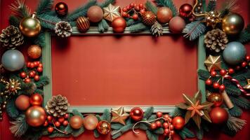 Christmas decoration on red background with space for text. Top view. photo