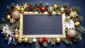 christmas decoration with blackboard on dark blue background, copy space photo