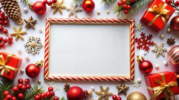 Christmas background with decorations and gift boxes on white. Top view with copy space photo