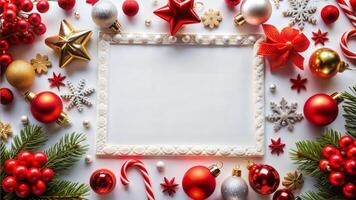 Christmas background with frame and decorations on white wooden table. Top view with copy space photo