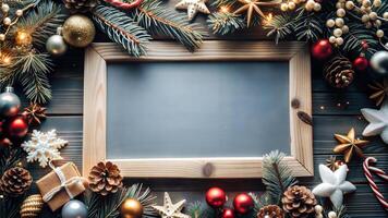 Christmas background with fir tree branches, christmas decorations and chalkboard photo