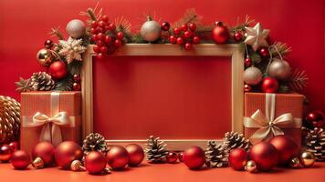 Christmas background with decorations and gift boxes on red background, copy space photo