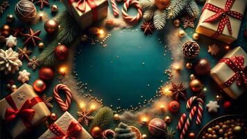 Christmas background with decorations and gift boxes. Top view with copy space. photo