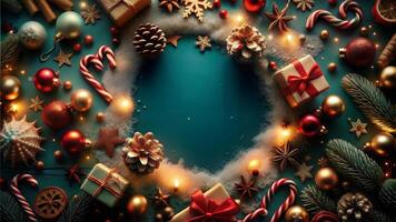 Christmas background with decorations and gift boxes. Top view with copy space. photo