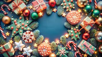 Christmas background with decorations and gift boxes on dark blue background. Top view. photo