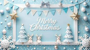 Merry Christmas and Happy New Year greeting card, frame with white christmas tree, snowflakes, stars on blue background. photo