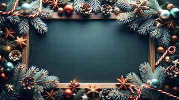 Christmas background with fir tree branches and decoration on blackboard. Top view with copy space photo