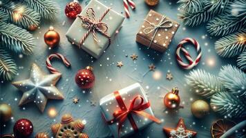 Christmas background with decorations and gift boxes. Top view with copy space. photo
